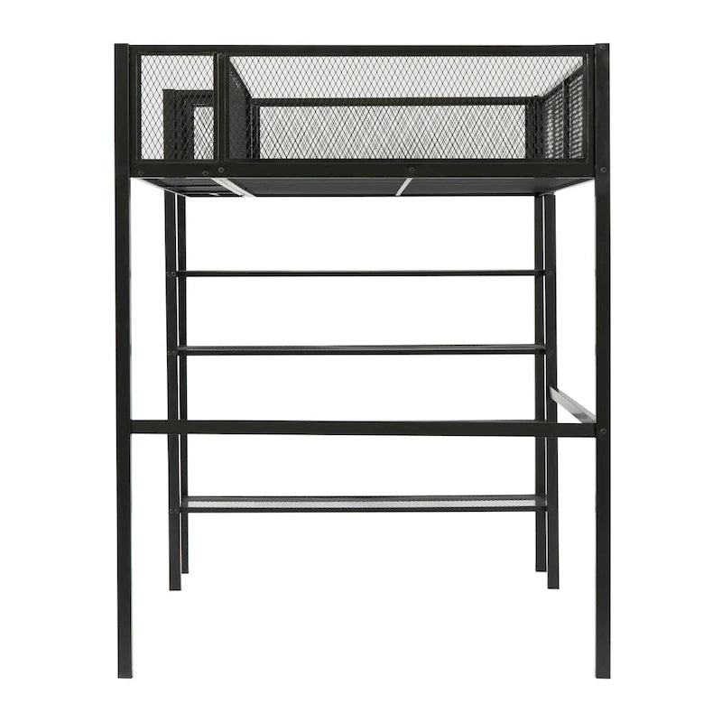 Lit mezzanine double en métal avec étagères à 4 niveaux et poste de travail