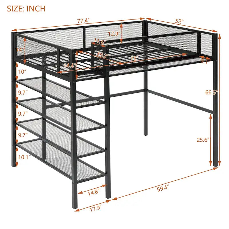 Lit mezzanine double en métal avec étagères à 4 niveaux et poste de travail