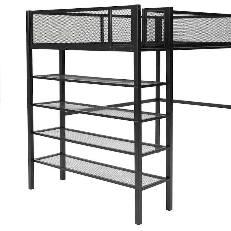 Lit mezzanine double en métal avec étagères à 4 niveaux et poste de travail