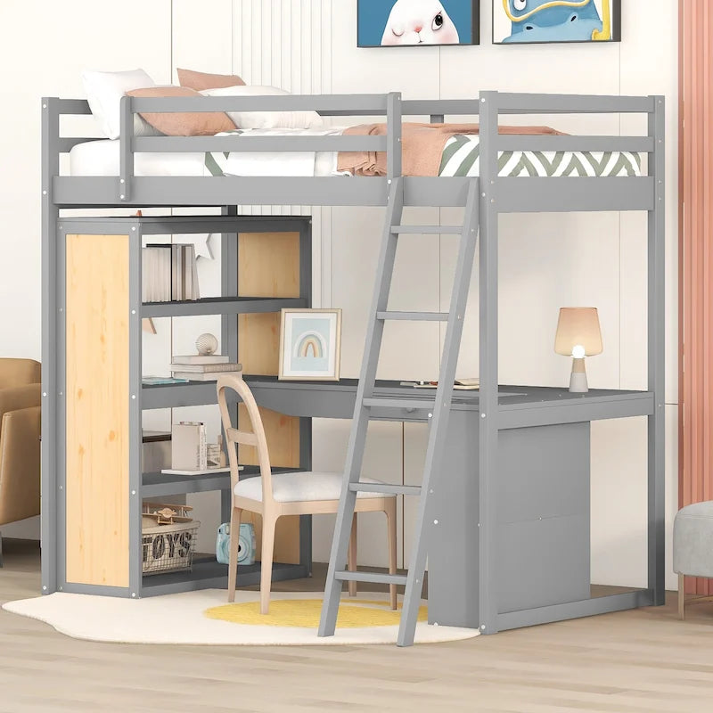Lit mezzanine en bois massif avec bureau intégré, étagères et tiroir