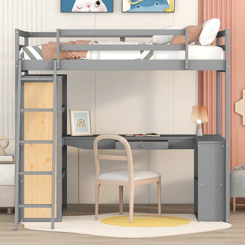 Lit mezzanine en bois massif avec bureau intégré, étagères et tiroir