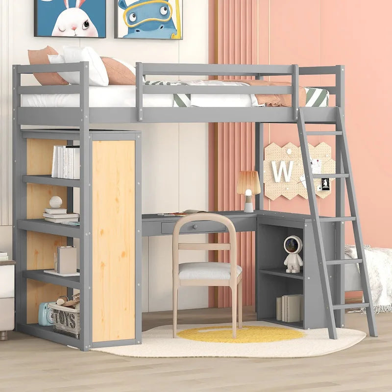 Lit mezzanine en bois massif avec bureau intégré, étagères et tiroir