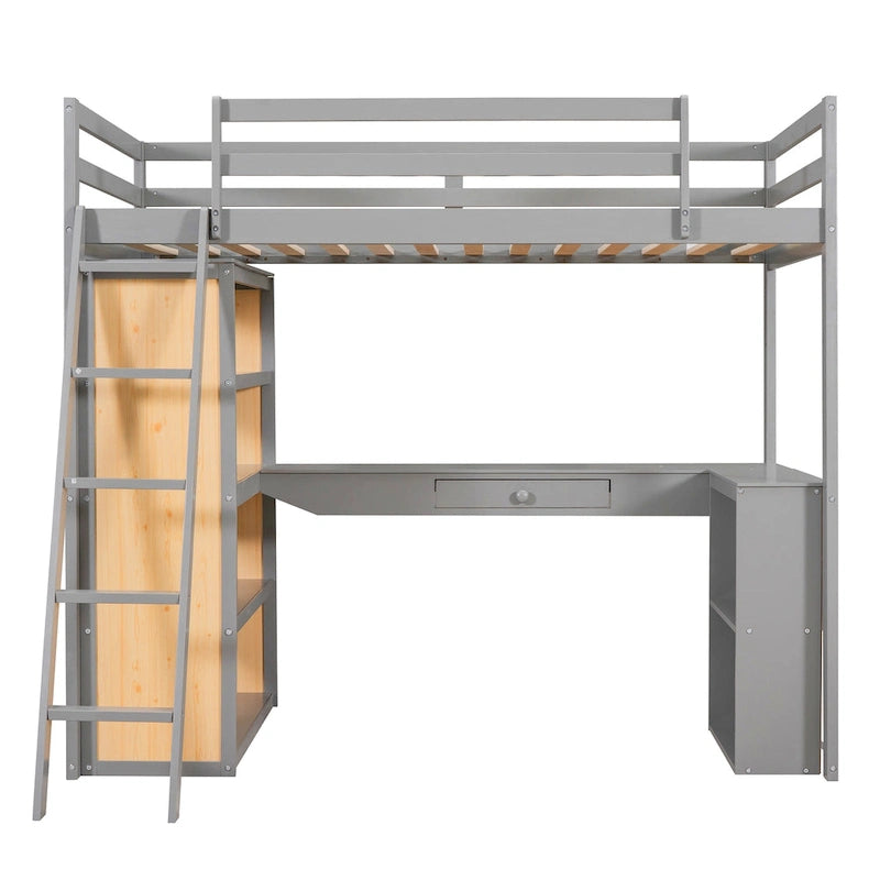 Lit mezzanine en bois massif avec bureau intégré, étagères et tiroir