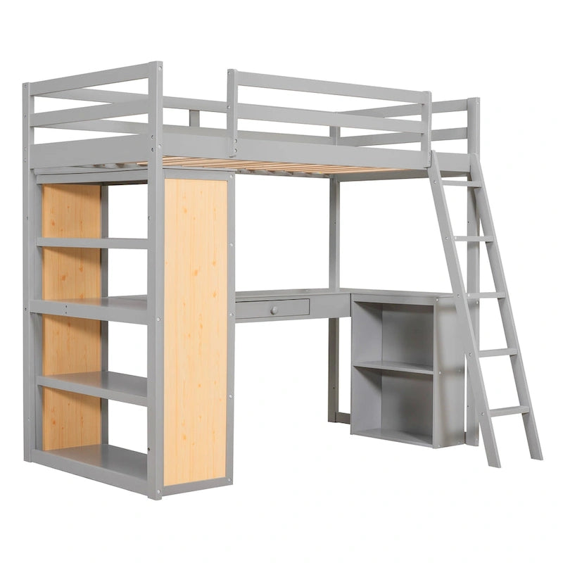 Lit mezzanine en bois massif avec bureau intégré, étagères et tiroir