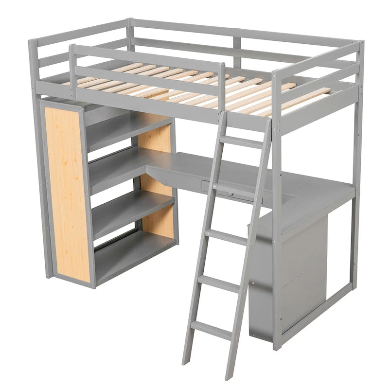 Lit mezzanine en bois massif avec bureau intégré, étagères et tiroir