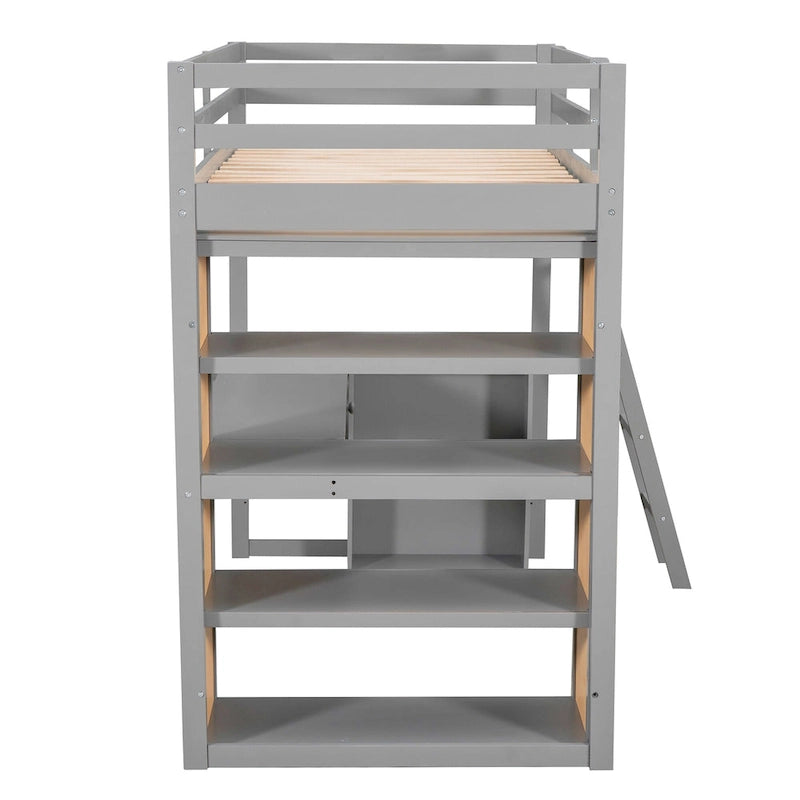 Lit mezzanine en bois massif avec bureau intégré, étagères et tiroir