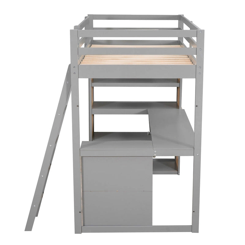 Lit mezzanine en bois massif avec bureau intégré, étagères et tiroir