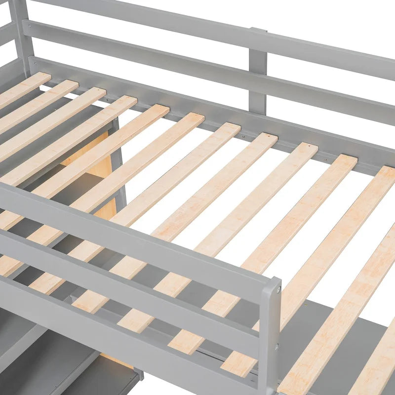 Lit mezzanine en bois massif avec bureau intégré, étagères et tiroir