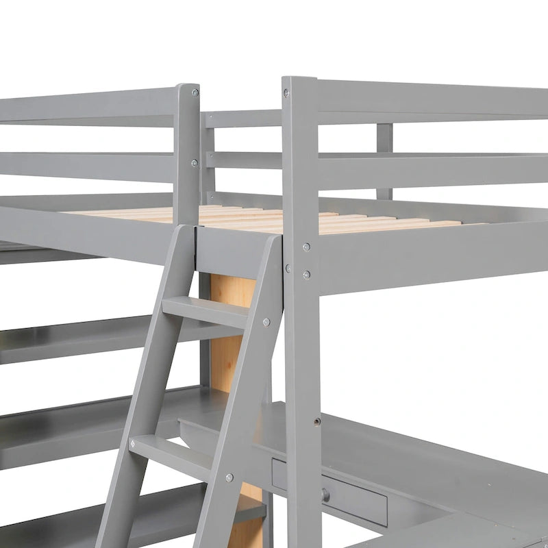 Lit mezzanine en bois massif avec bureau intégré, étagères et tiroir