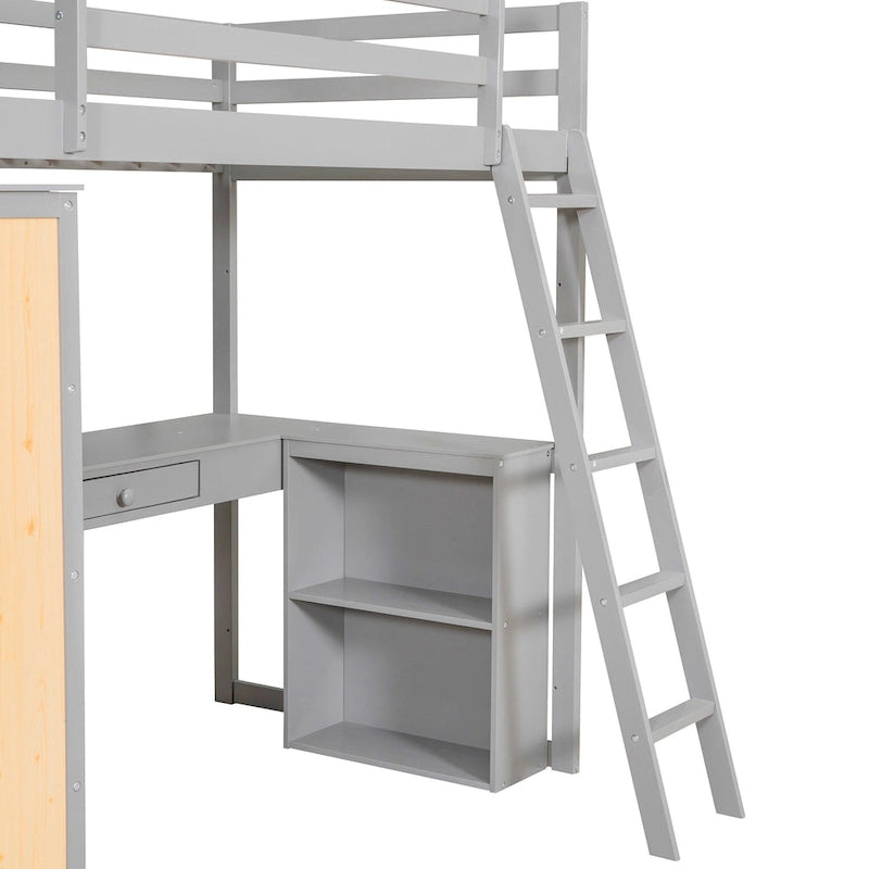 Lit mezzanine en bois massif avec bureau intégré, étagères et tiroir