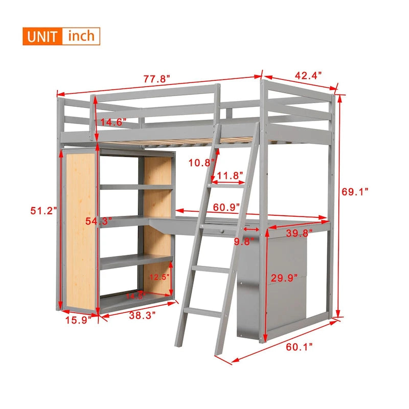 Lit mezzanine en bois massif avec bureau intégré, étagères et tiroir