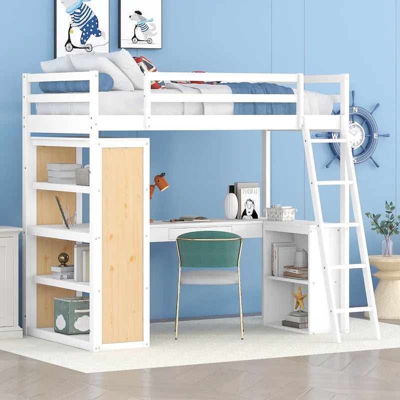Lit mezzanine en bois massif avec bureau intégré, étagères et tiroir