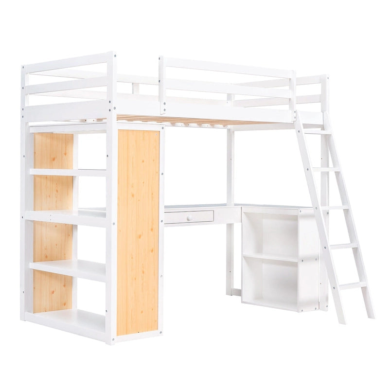 Lit mezzanine en bois massif avec bureau intégré, étagères et tiroir