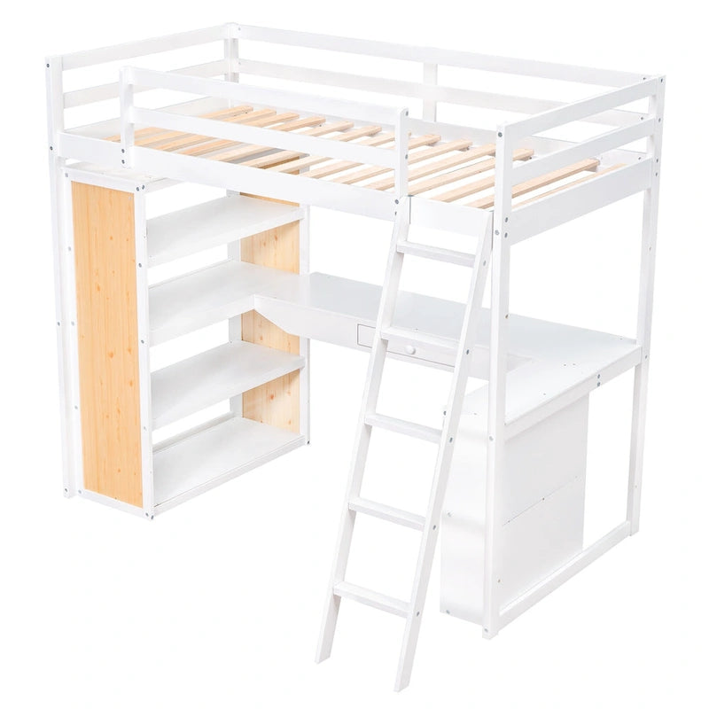 Lit mezzanine en bois massif avec bureau intégré, étagères et tiroir