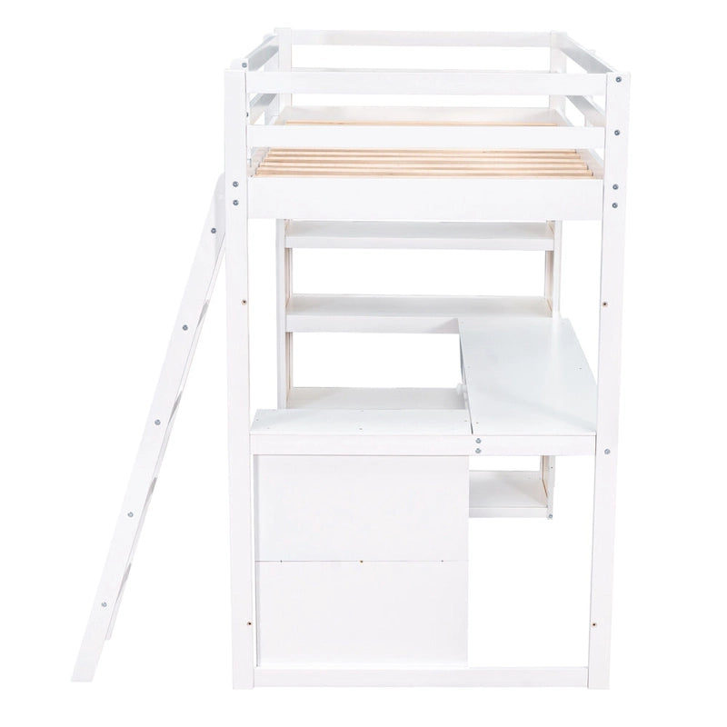 Lit mezzanine en bois massif avec bureau intégré, étagères et tiroir