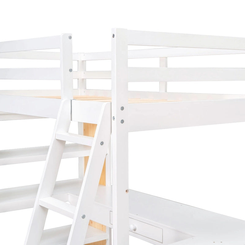 Lit mezzanine en bois massif avec bureau intégré, étagères et tiroir