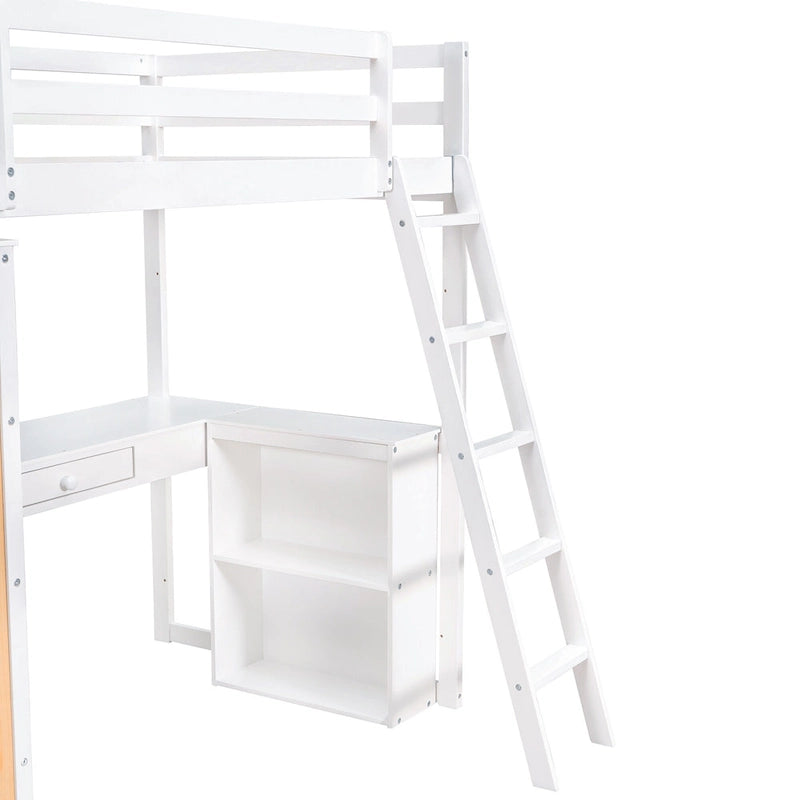 Lit mezzanine en bois massif avec bureau intégré, étagères et tiroir
