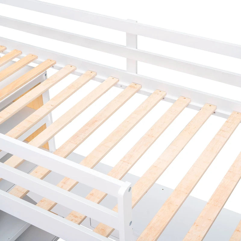 Lit mezzanine en bois massif avec bureau intégré, étagères et tiroir