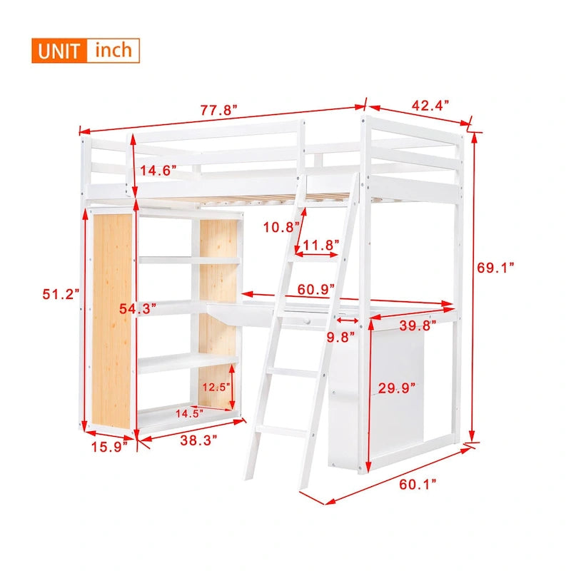 Lit mezzanine en bois massif avec bureau intégré, étagères et tiroir