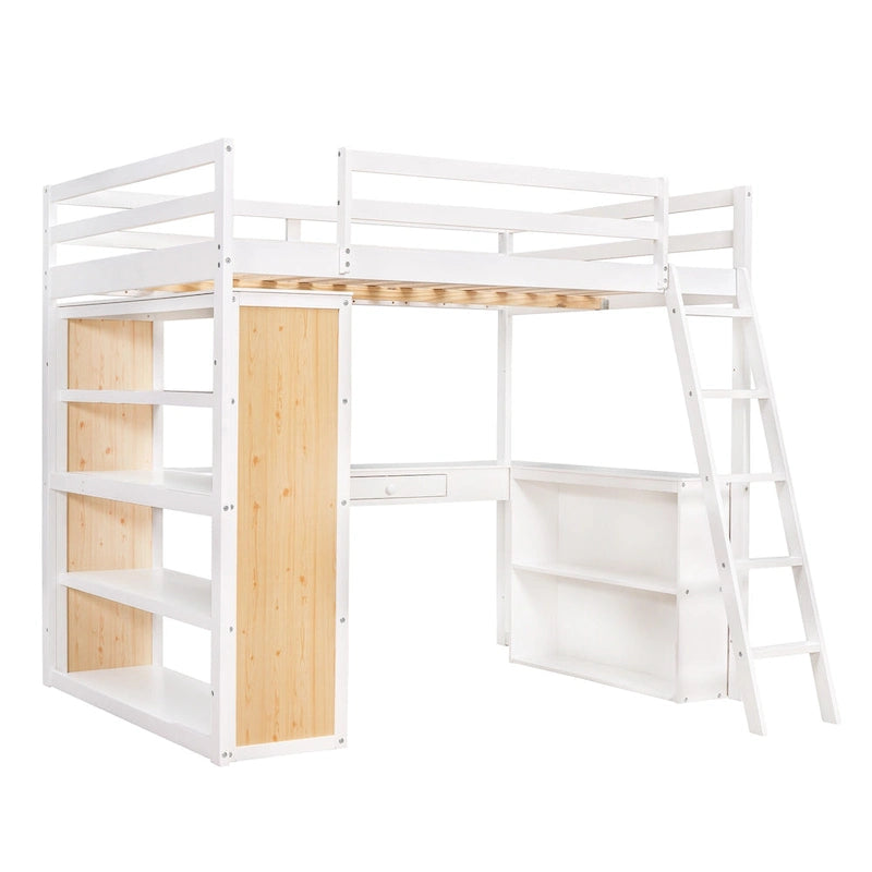 Lit mezzanine en bois massif avec bureau intégré, étagères et tiroir