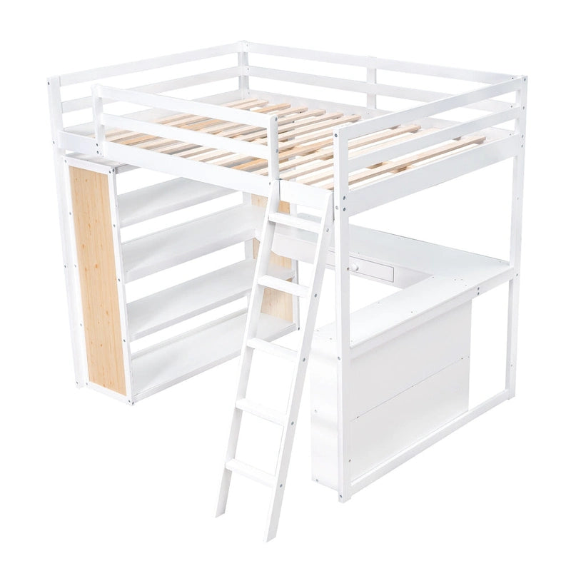 Lit mezzanine en bois massif avec bureau intégré, étagères et tiroir