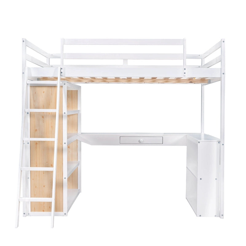 Lit mezzanine en bois massif avec bureau intégré, étagères et tiroir