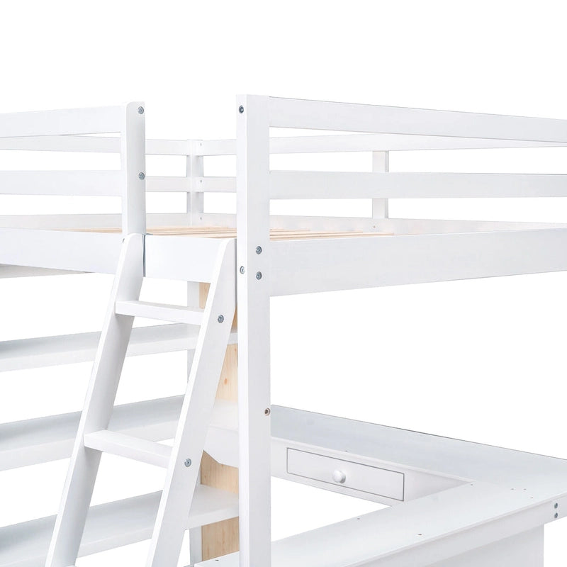 Lit mezzanine en bois massif avec bureau intégré, étagères et tiroir