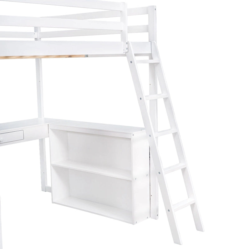 Lit mezzanine en bois massif avec bureau intégré, étagères et tiroir