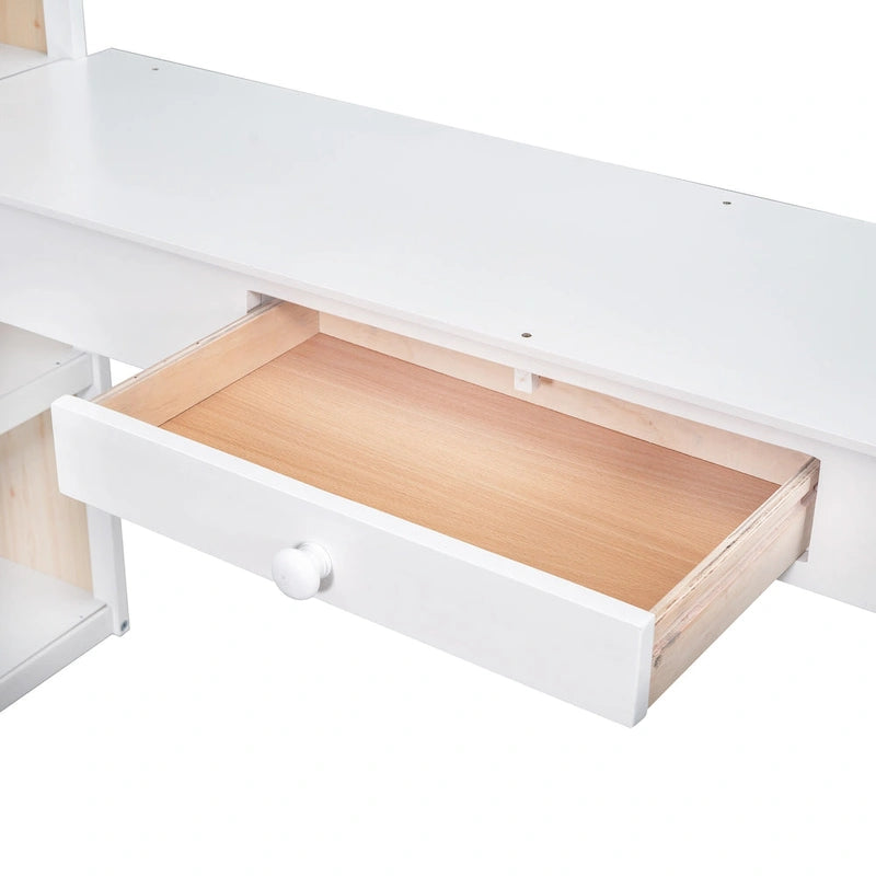 Lit mezzanine en bois massif avec bureau intégré, étagères et tiroir