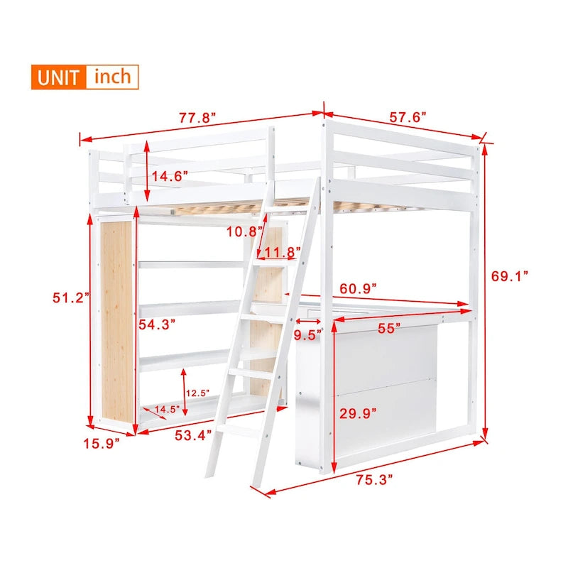 Lit mezzanine en bois massif avec bureau intégré, étagères et tiroir