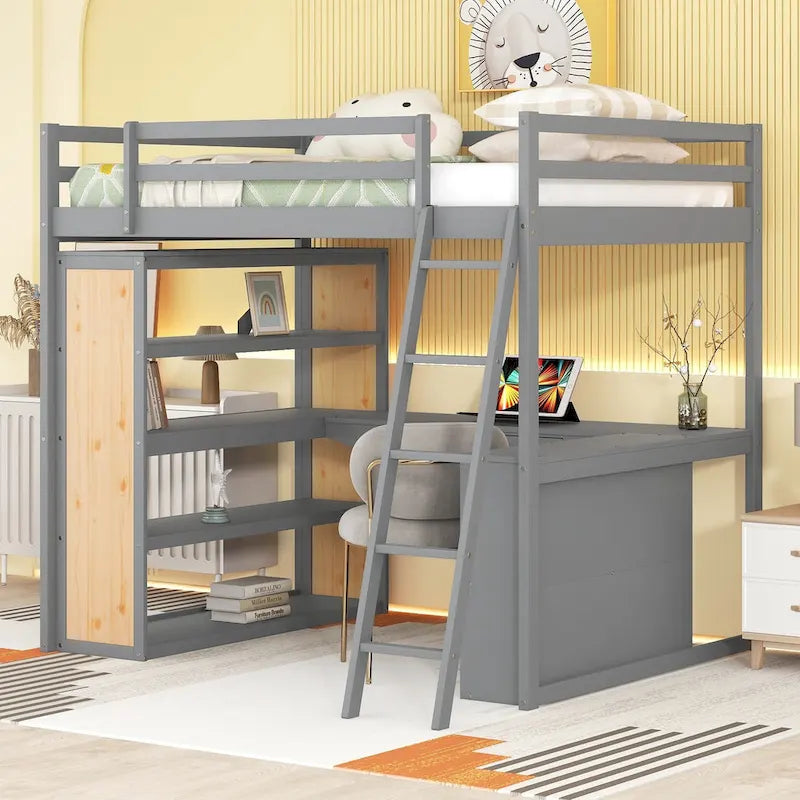 Lit mezzanine en bois massif avec bureau intégré, étagères et tiroir