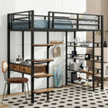 Lit mezzanine double en métal avec bureau, échelle et étagères à 4 niveaux
