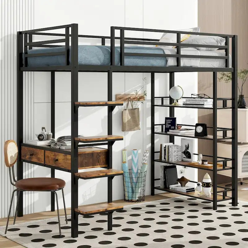 Lit mezzanine double en métal avec bureau, échelle et étagères à 4 niveaux