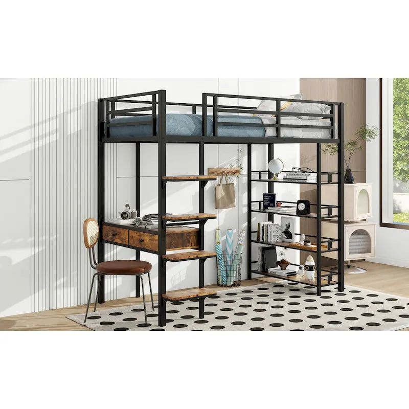 Lit mezzanine double en métal avec bureau, échelle et étagères à 4 niveaux