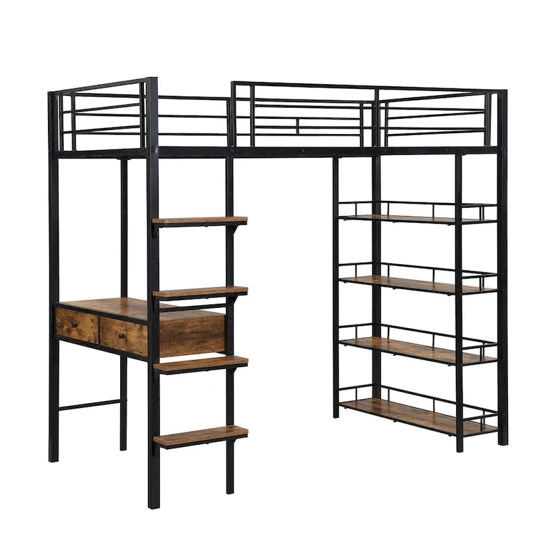 Lit mezzanine double en métal avec bureau, échelle et étagères à 4 niveaux