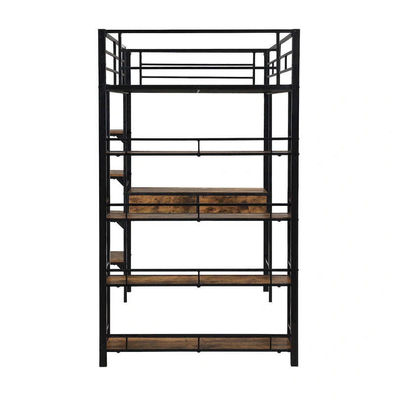 Lit mezzanine double en métal avec bureau, échelle et étagères à 4 niveaux