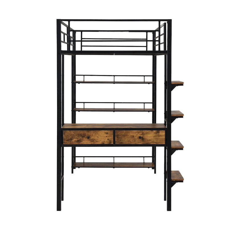 Lit mezzanine double en métal avec bureau, échelle et étagères à 4 niveaux