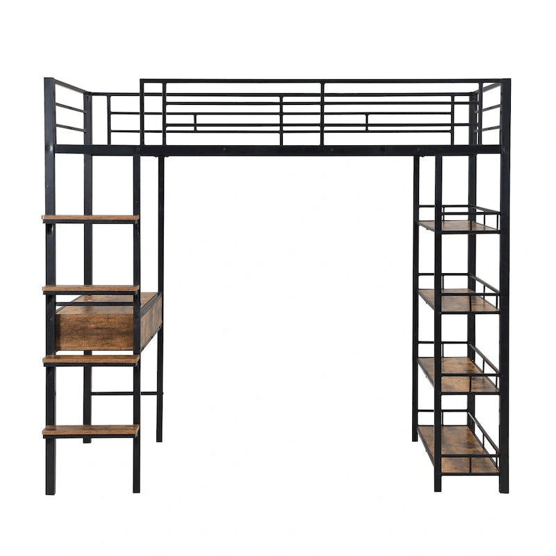 Lit mezzanine double en métal avec bureau, échelle et étagères à 4 niveaux