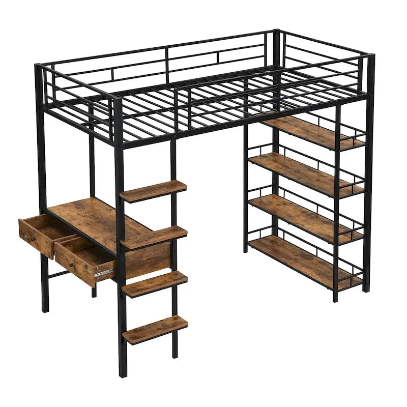 Lit mezzanine double en métal avec bureau, échelle et étagères à 4 niveaux