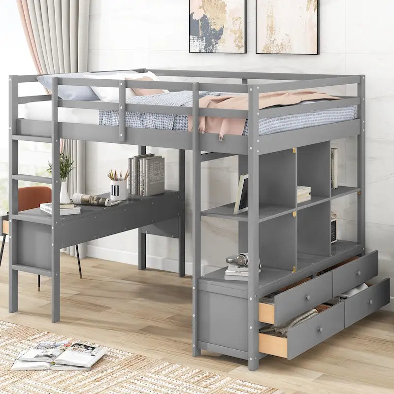 Lit mezzanine en pin pleine grandeur avec bureau intégré, tiroirs, armoires et étagères