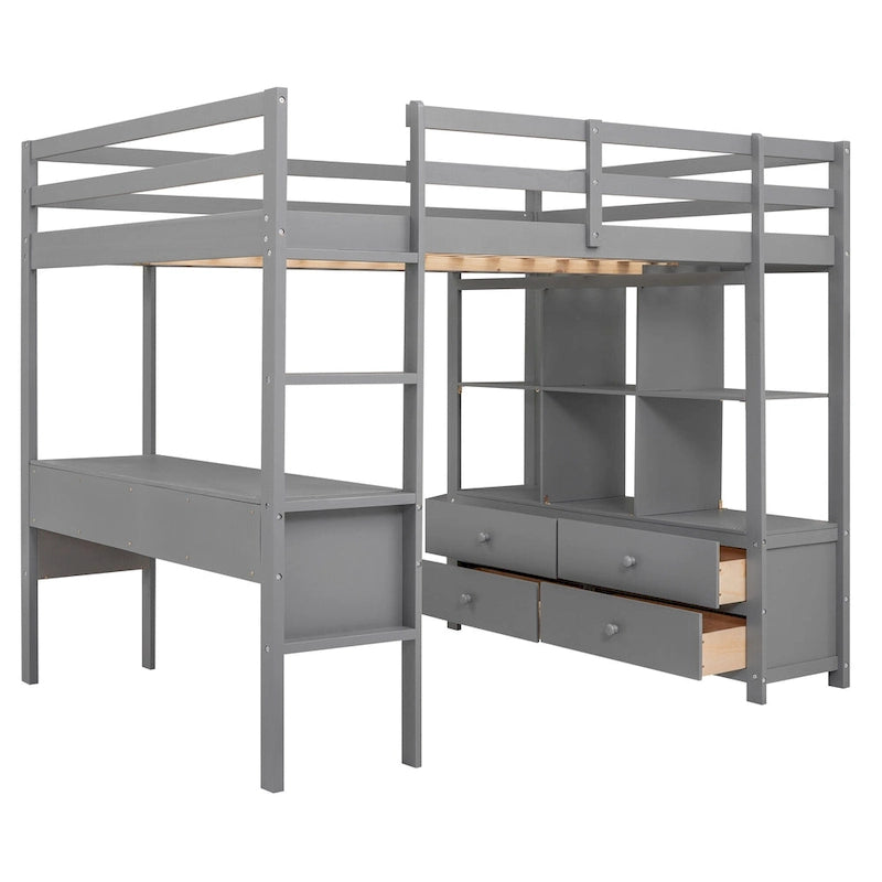 Lit mezzanine en pin pleine grandeur avec bureau intégré, tiroirs, armoires et étagères