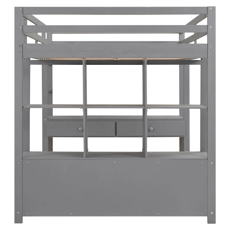 Lit mezzanine en pin pleine grandeur avec bureau intégré, tiroirs, armoires et étagères