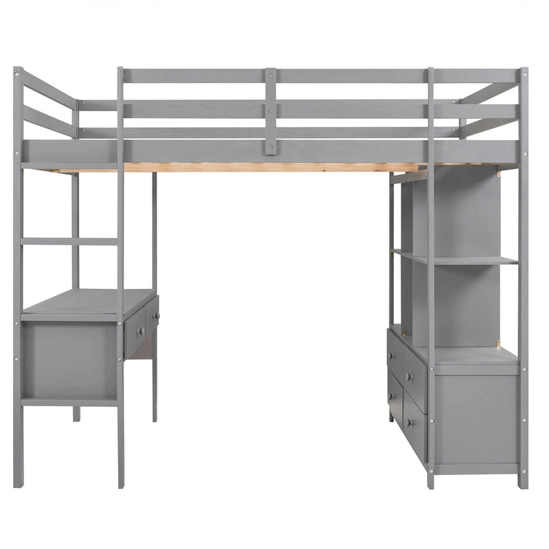 Lit mezzanine en pin pleine grandeur avec bureau intégré, tiroirs, armoires et étagères
