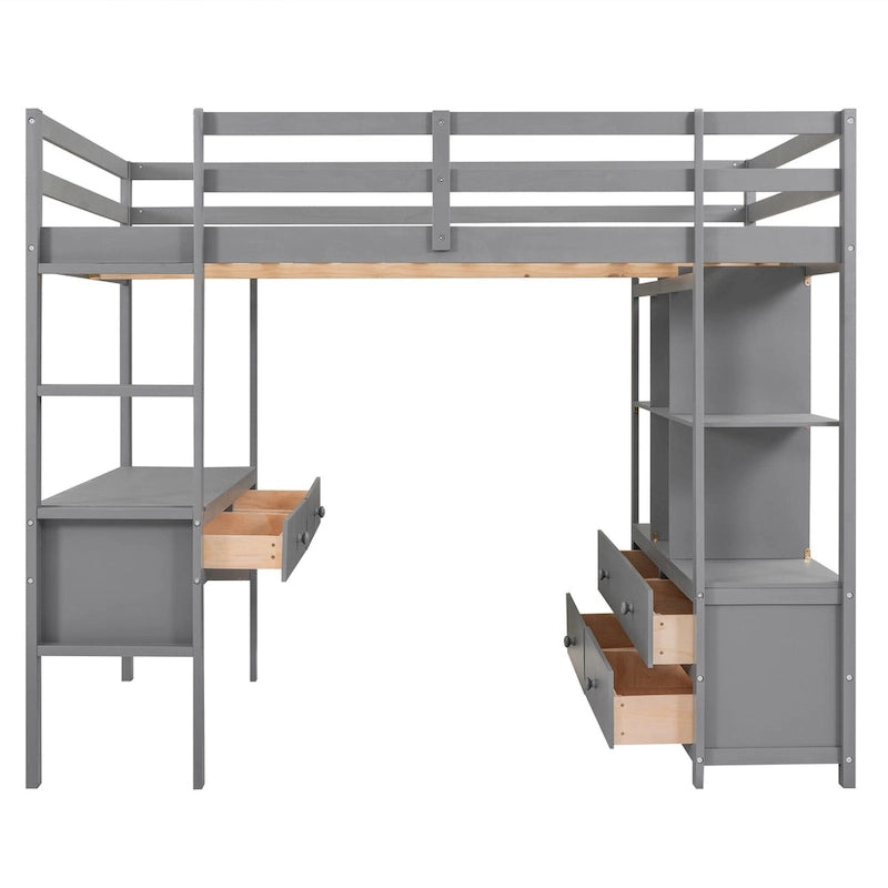 Lit mezzanine en pin pleine grandeur avec bureau intégré, tiroirs, armoires et étagères