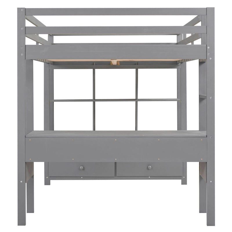 Lit mezzanine en pin pleine grandeur avec bureau intégré, tiroirs, armoires et étagères