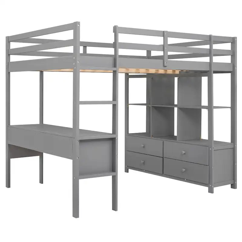 Lit mezzanine en pin pleine grandeur avec bureau intégré, tiroirs, armoires et étagères