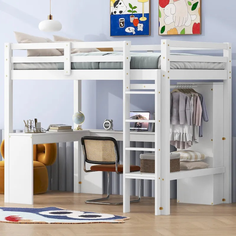 Lit mezzanine double en bois avec bureau en L, armoire et rangement