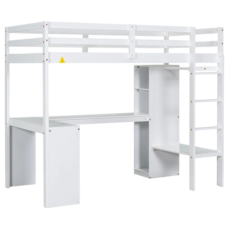 Lit mezzanine double en bois avec bureau en L, armoire et rangement