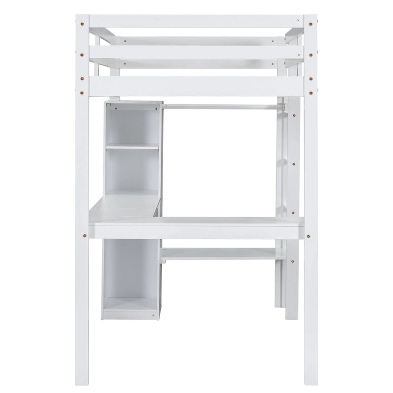 Lit mezzanine double en bois avec bureau en L, armoire et rangement