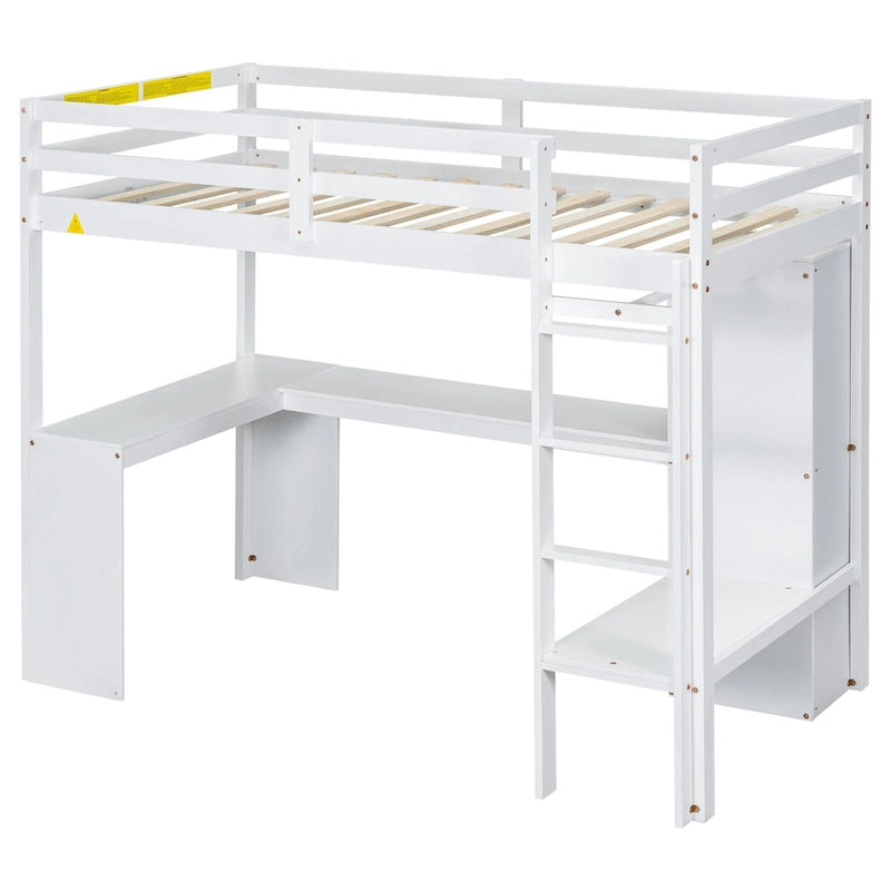 Lit mezzanine double en bois avec bureau en L, armoire et rangement